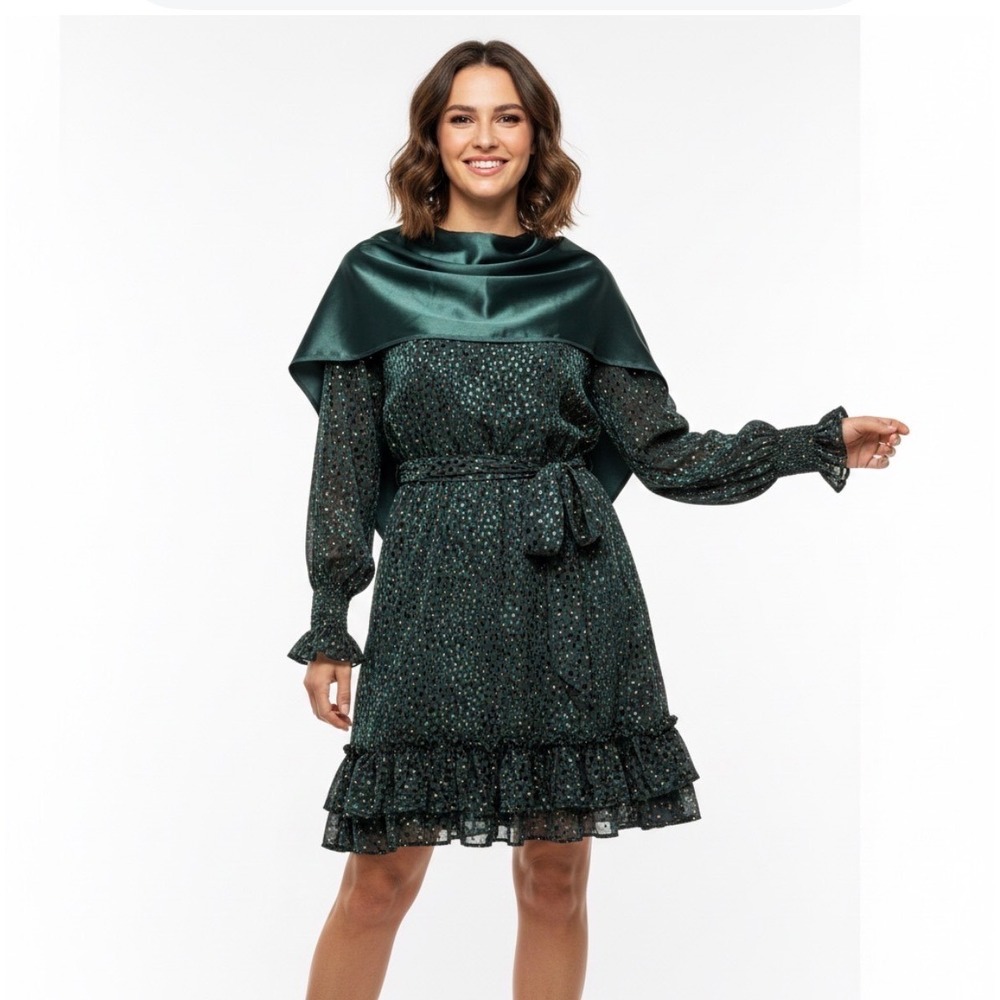 Milly Mini Dress Womens 8 Green Gold Velvet Leopard Burnout Silk Blend Tie Waist